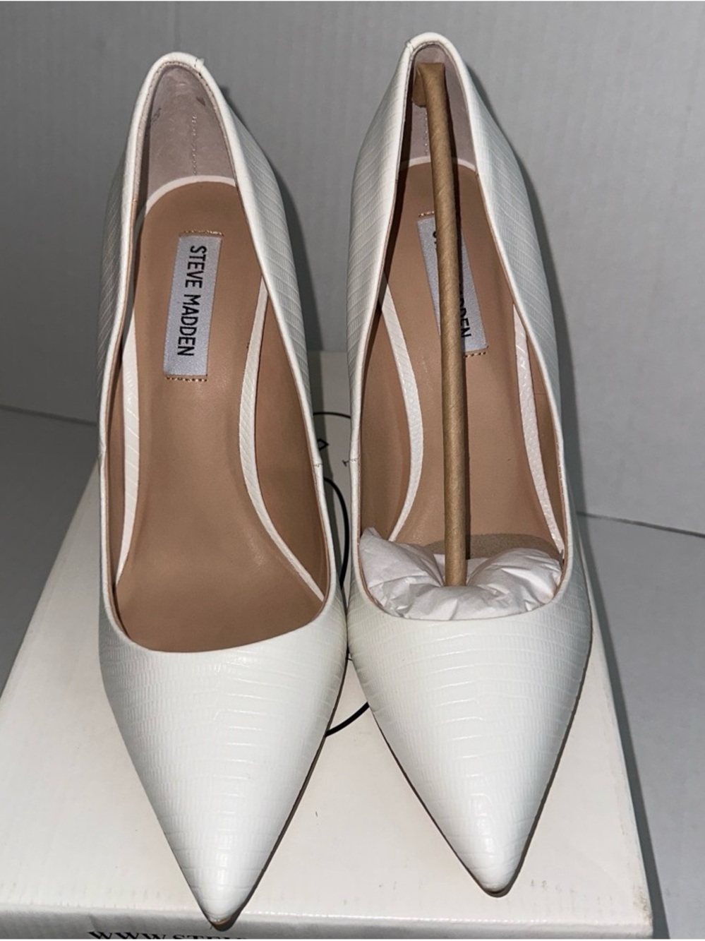 Steve Madden White Faux-Croc Pointed Toe Pumps
